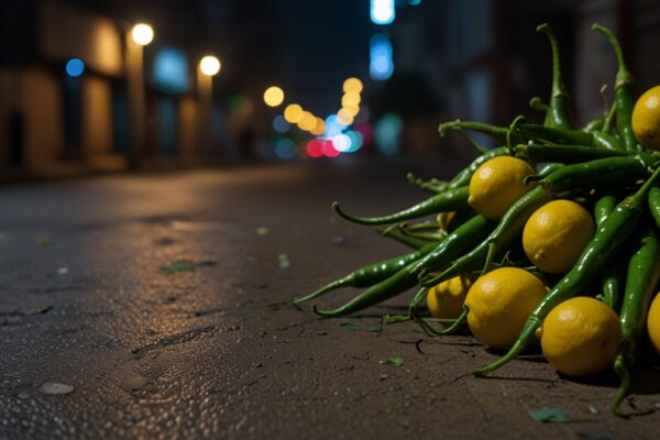 Green Chillies and lemon on a crossroad