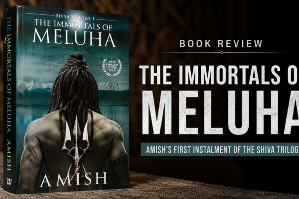 The Immortals of Meluha book cover by Amish Tripathi featured in a review of the first novel in the Shiva Trilogy