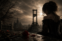 A woman in a black gown looks toward a guillotine at dusk, with a red rose in the foreground and storm clouds overhead.