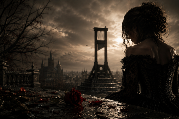 A woman in a black gown looks toward a guillotine at dusk, with a red rose in the foreground and storm clouds overhead.
