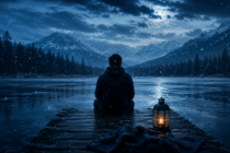 Lone figure overlooking a frozen lake at night.