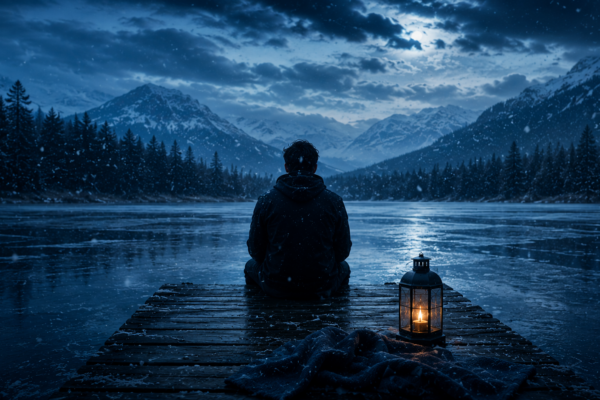 Lone figure overlooking a frozen lake at night.