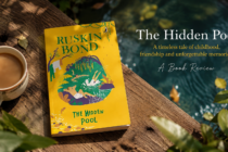 The Hidden Pool by Ruskin Bond book cover with coffee beside a peaceful pool.