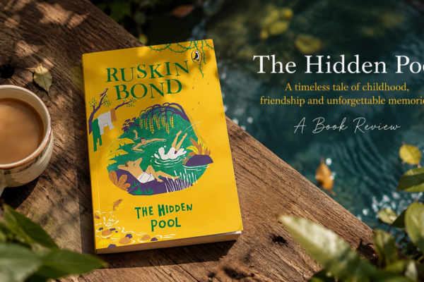 The Hidden Pool by Ruskin Bond book cover with coffee beside a peaceful pool.