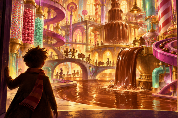 A child entering the magical world of Charlie and the Chocolate Factory, with candy machinery and a flowing chocolate river
