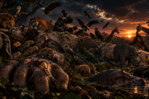 A fallen giant lies in a dark forest, surrounded by animals and birds gathering around his enormous body