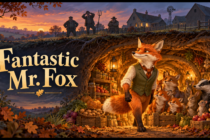 Fantastic Mr Fox book review illustration of a clever fox protecting his family beneath three frustrated farmers
