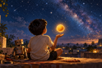 A boy dreaming of becoming a magician watches a golden laddu float above his hand under the stars.