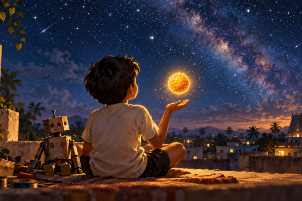 A boy dreaming of becoming a magician watches a golden laddu float above his hand under the stars.